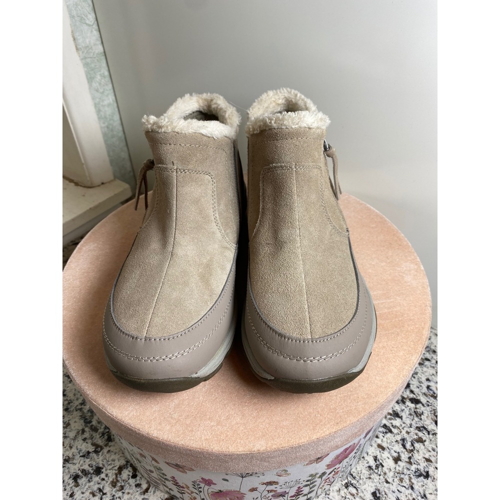 Easy Spirit Epic Ankle Boots Women 8W Taupe Excellent Suede Faux Fur Zip